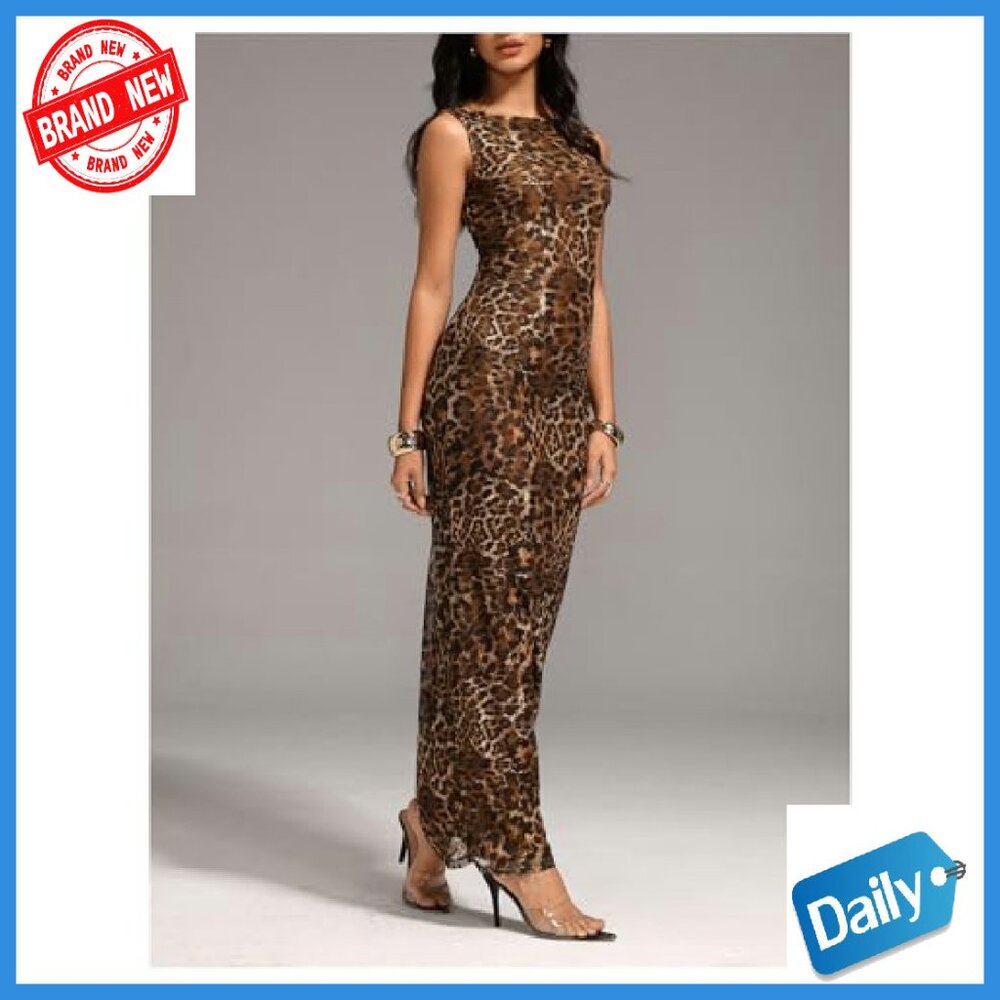 Leopard Print Maxi Dress Sleeveless Bodycon Party Club Tank - Picture 5 of 6